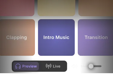 User interface showing buttons labeled Clapping, Intro Music, and Transition with Preview and Live options below.
